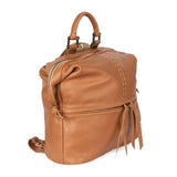 Tan leather backpack on a white background