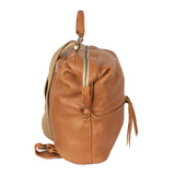 Tan leather backpack on a white background