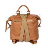 Tan leather backpack with a beige strap on a white background
