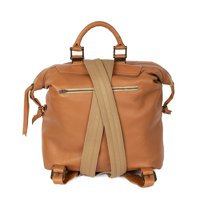 Tan leather backpack with a beige strap on a white background