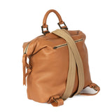 Tan leather backpack with a shoulder strap on a white background