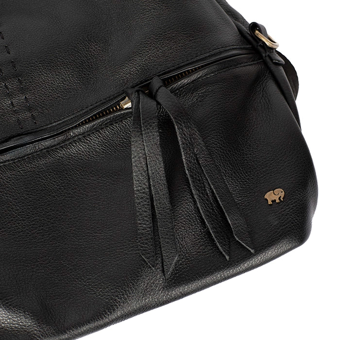 Black leather bag with a bow detail on a white background
