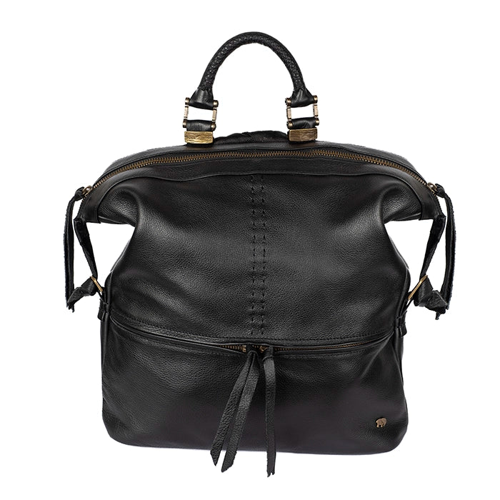 Black leather backpack with gold accents on a white background