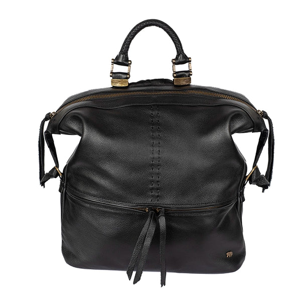 Black leather backpack with gold accents on a white background