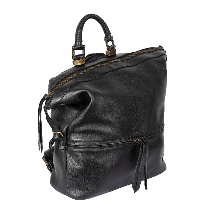 Black leather backpack with braided handle on a white background