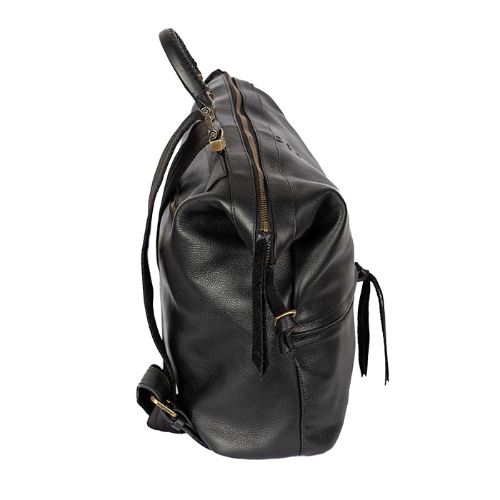 Black leather backpack on a white background
