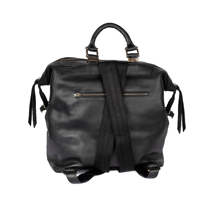 Black leather backpack on a white background