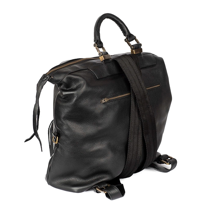 Black leather backpack on a white background