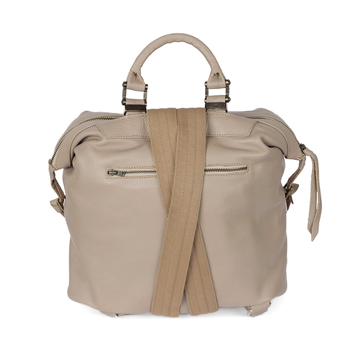 Beige handbag with a shoulder strap on a white background