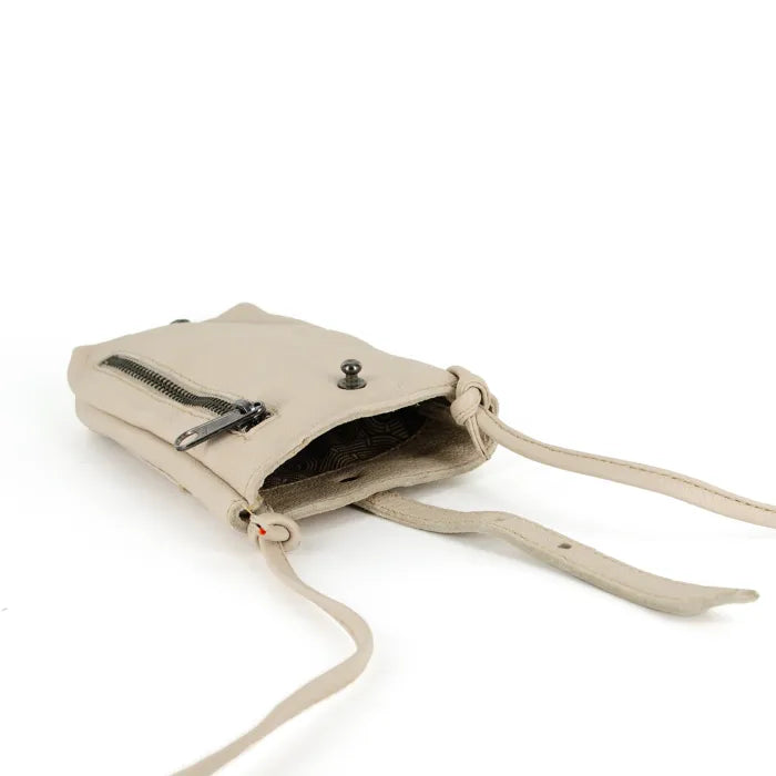 Beige cellphone pouch with a strap on a white background