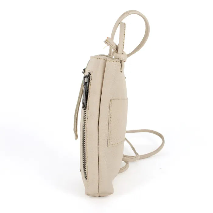 Beige crossbody cellphone pouch  with a strap on a white background