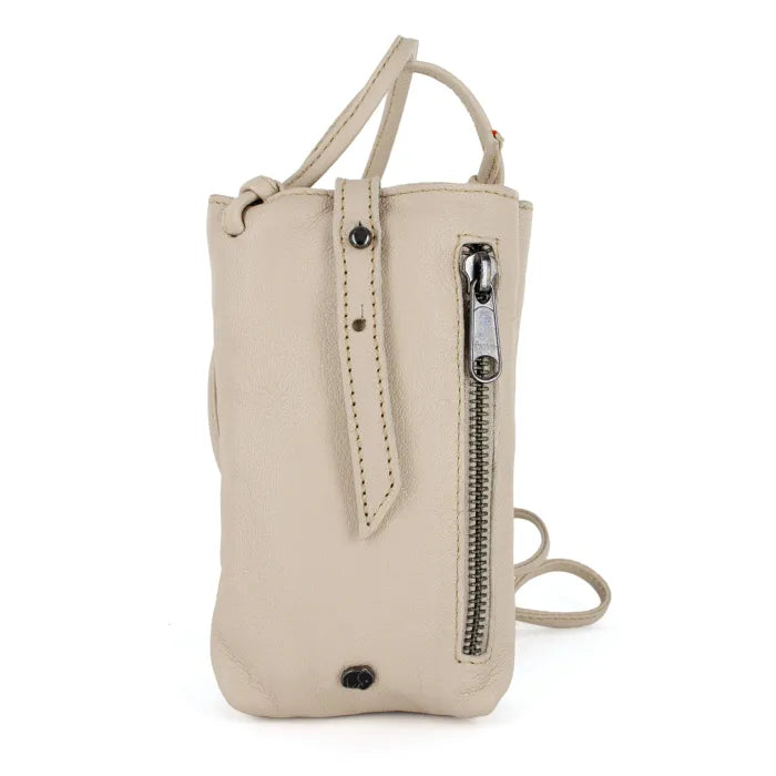 Beige leather crossbody cellphone pouch with a zipper on a white background