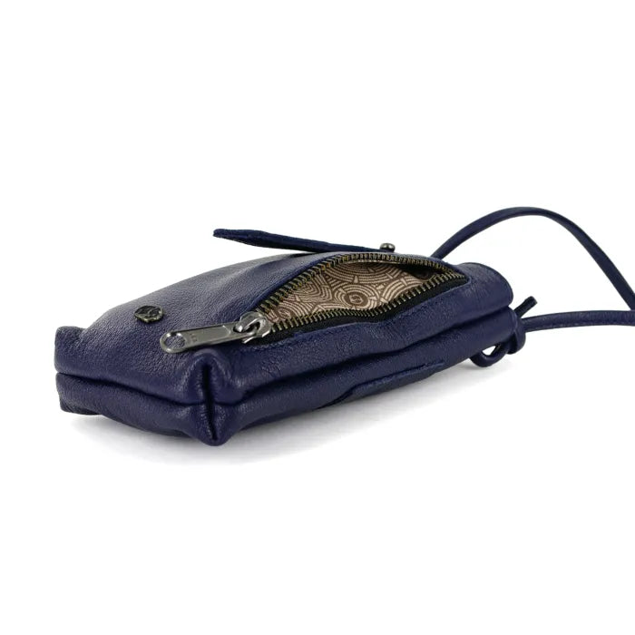 Navy blue leather pouch with decorative zipper on a white background