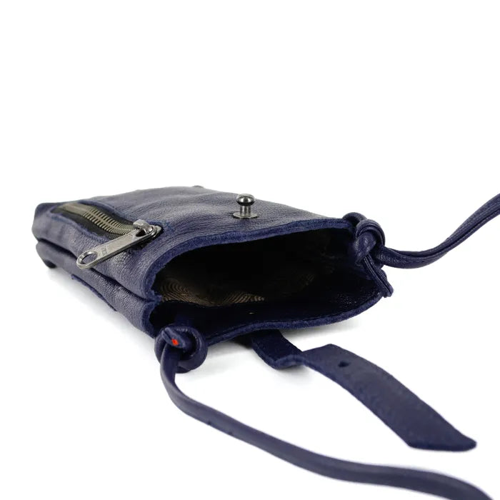 Navy blue handbag with a strap on a white background