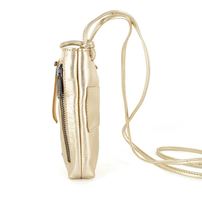 Gold metallic pouch with a strap on a white background