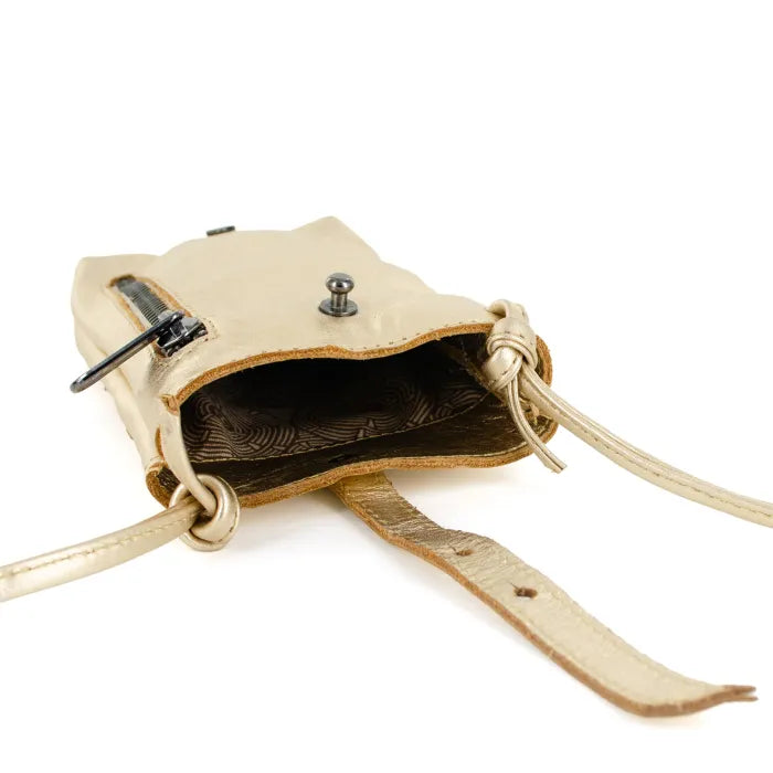Gold leather cellphone pouch with a strap on a white background