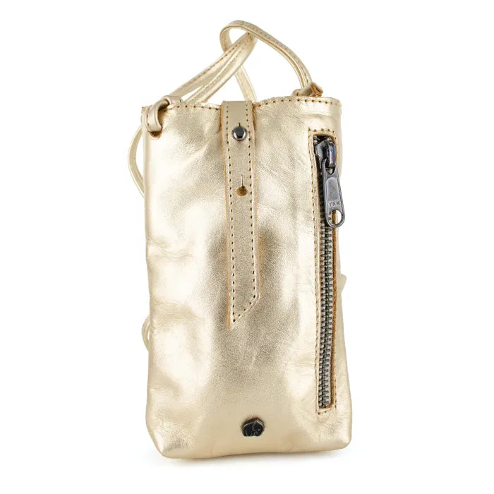 Gold metallic cellphone pouch with a zipper on a white background