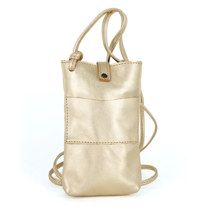 Gold leather crossbody cellphone pouch on a white background