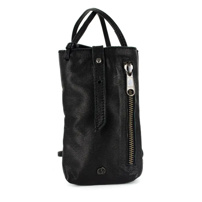 Black leather cellphone pouch with a zipper on a white background