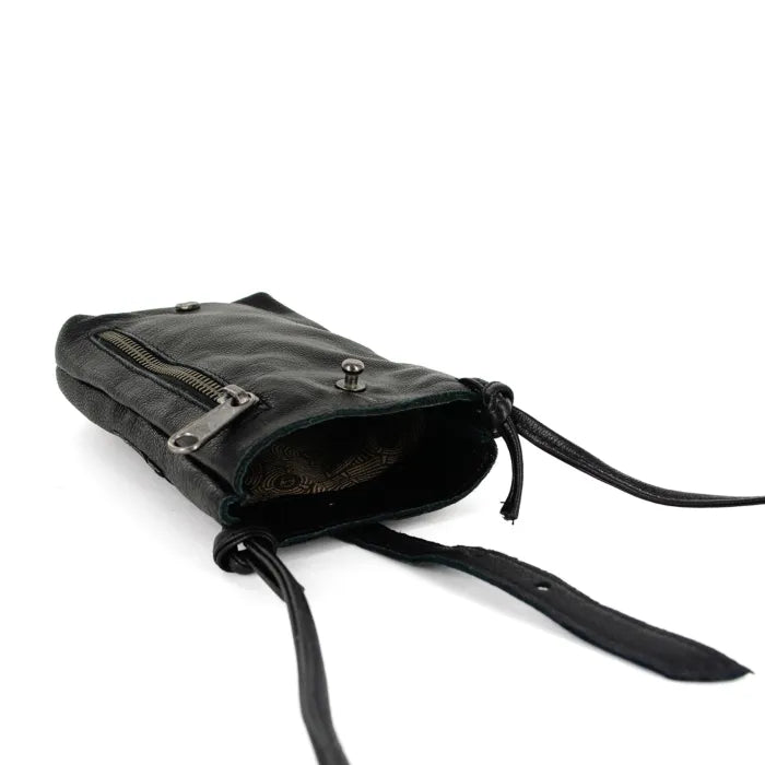 Black leather cellphone pouch on a white background