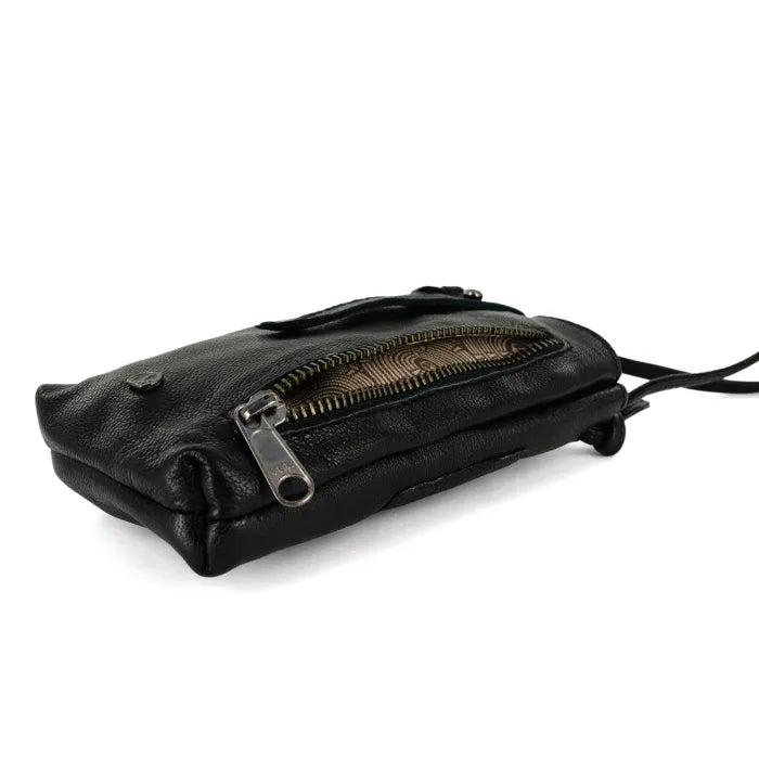 Black leather cellphone pouch with a zipper on a white background