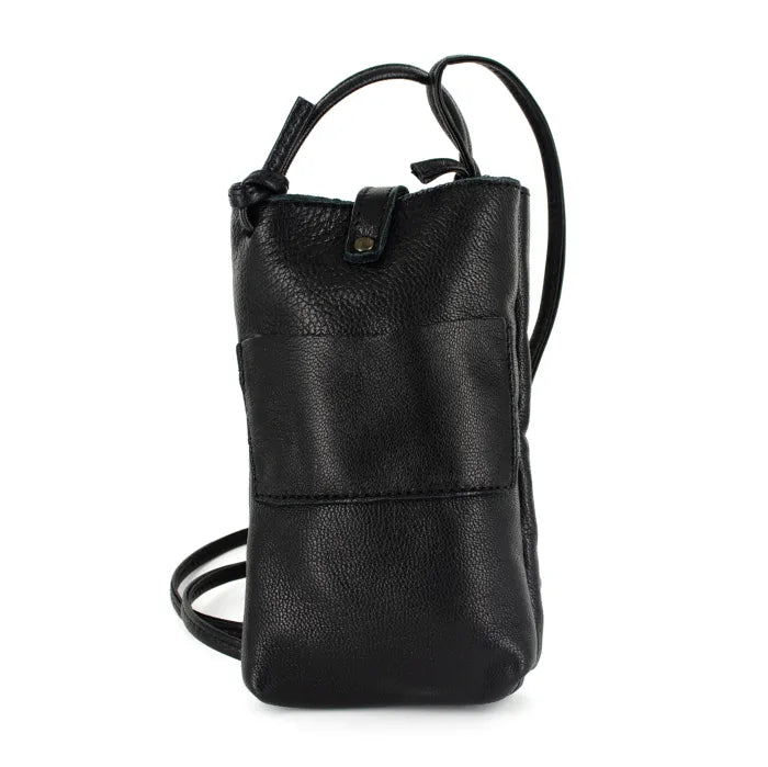 Black leather crossbody bag on a white background
