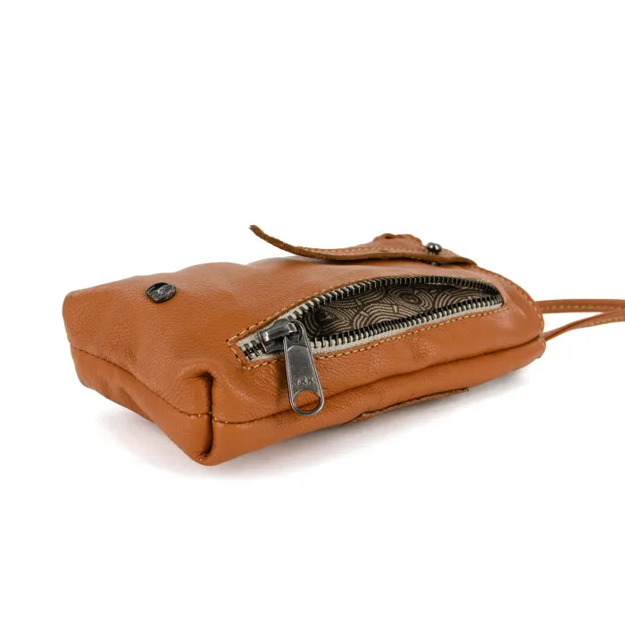 Brown leather handbag with a visible zipper on a white background