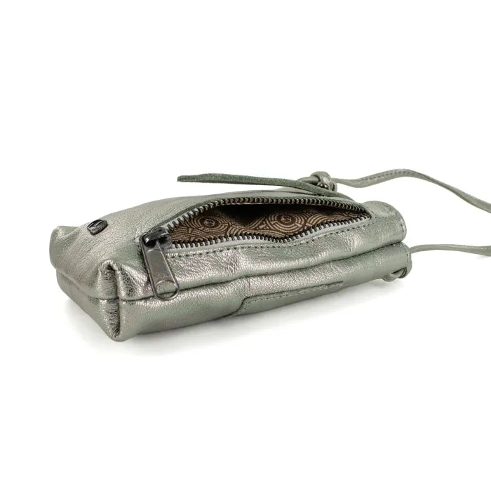 Silver metallic clutch bag with a strap on a white background