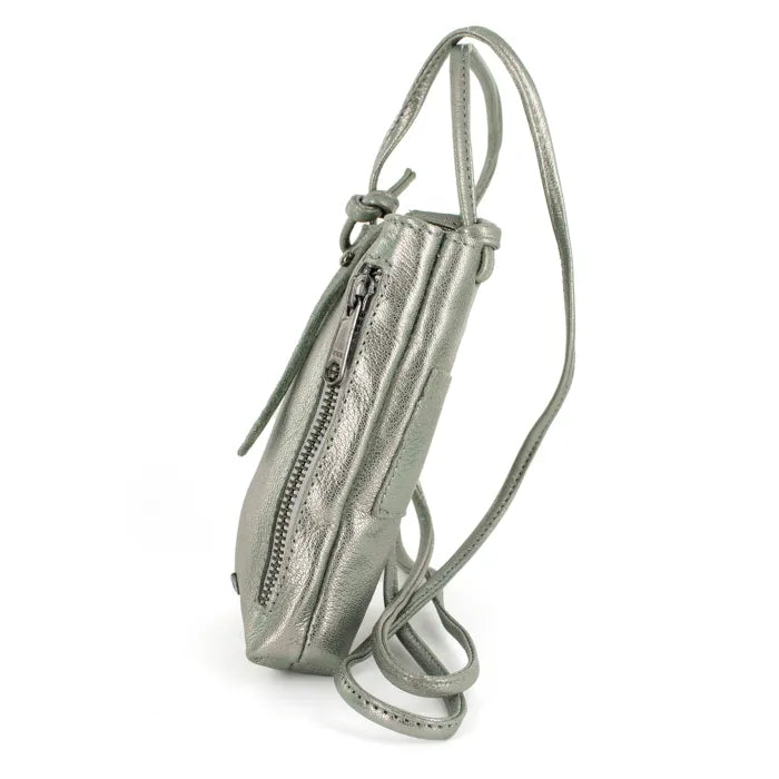 Silver metallic crossbody bag on a white background