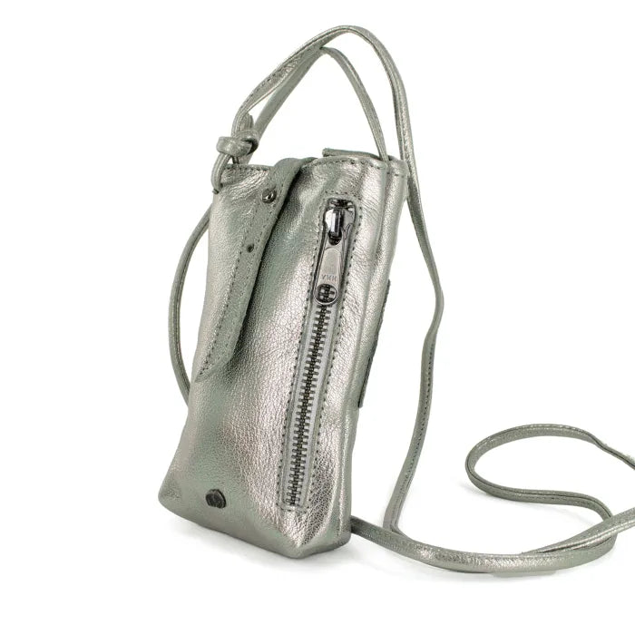 Silver metallic crossbody bag on a white background