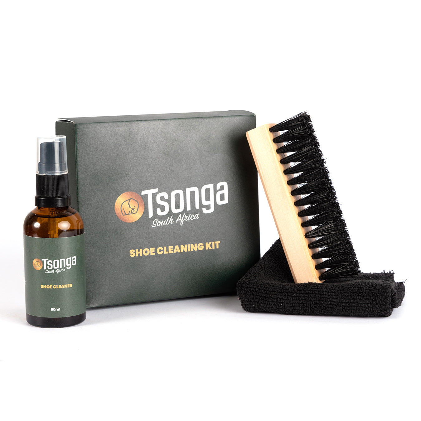 Tsonga shoe cleaning kit packaging with a bottle, brush, and cloth displayed in front of the box.