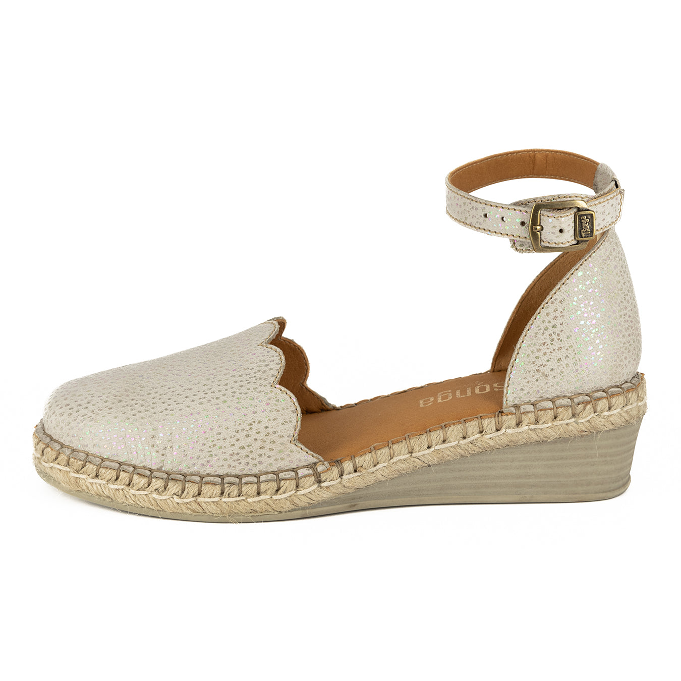 Inkantolo : Ladies Leather Wedge Espadrille in Stone Brillo