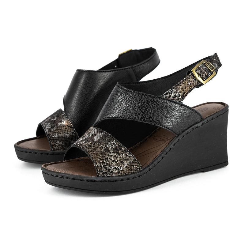 Umgwaqo : Ladies High-Heeled Leather Sandal in Black Cayak & Nero Rockafella