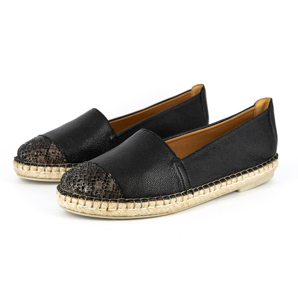 Consisela : Ladies Leather Espadrille Shoe in Black Cayak & Nero Rockafella
