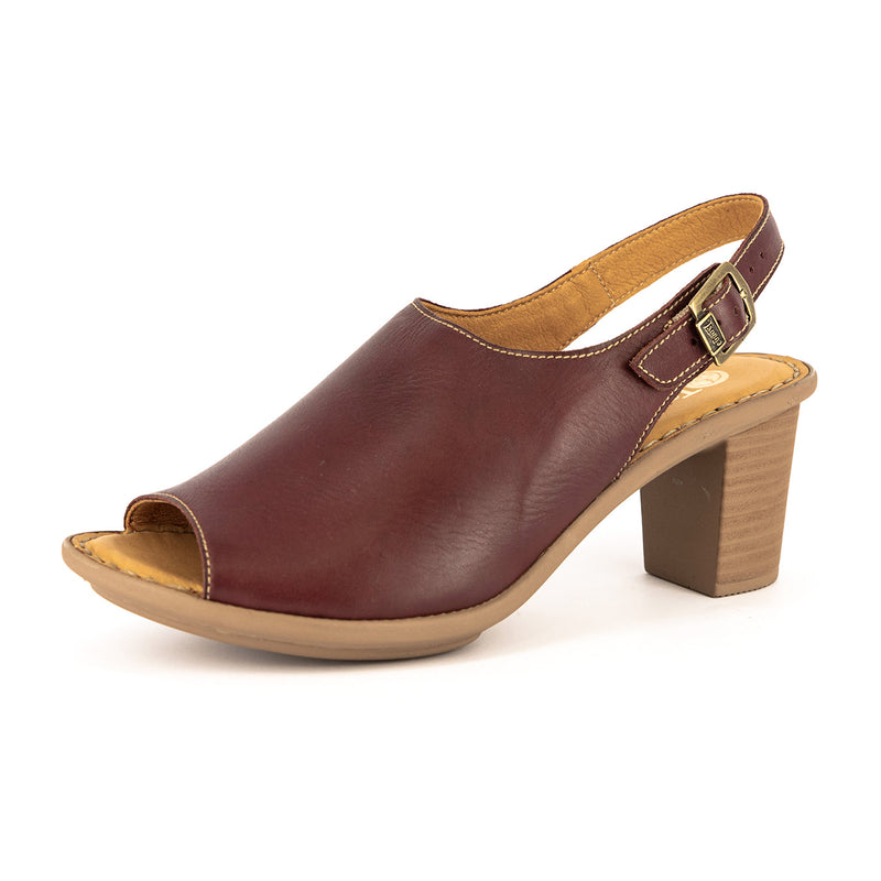 Ethuso : Ladies High-Heeled Leather Sandal in Raisin Relaxa