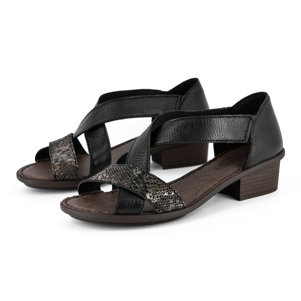 Ukugeza : Ladies Leather Mid-Heel Sandal in Black Cayak & Nero Rockafella