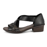 Ukugeza : Ladies Leather Mid-Heel Sandal in Black Cayak & Nero Rockafella