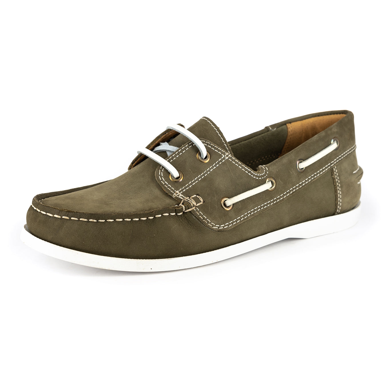 Exwaya : Mens Leather Boat Shoe in Olive Nubuck