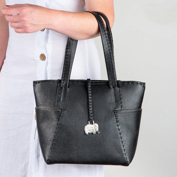 Anesu : Ladies Leather Shopper Handbag in Black Cayak