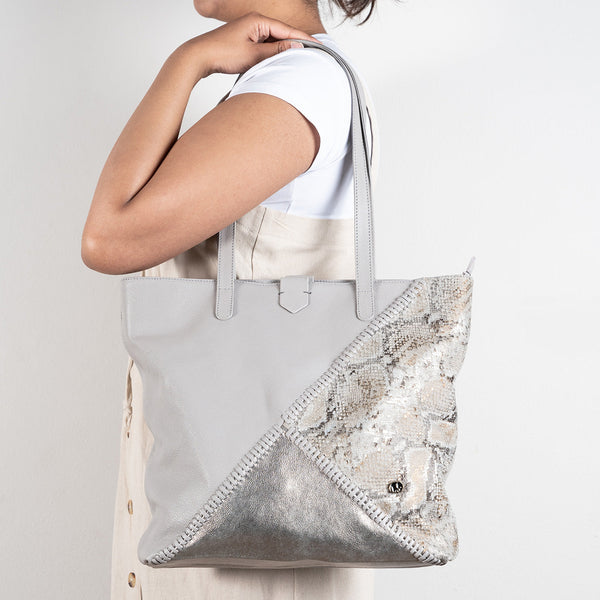Awonke : Ladies Leather Shopper Handbag in Quarry Cayak, Tallio Grid & Opal Rockafella