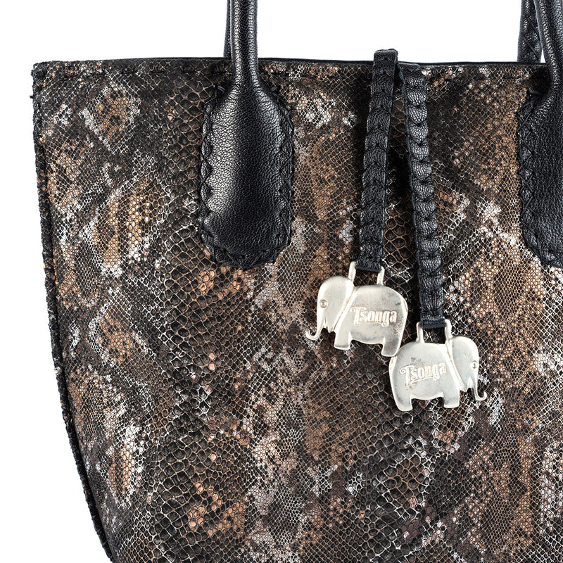 Azetha : Ladies Leather Shopper Handbag in Black Cayak and Nero Rockafella