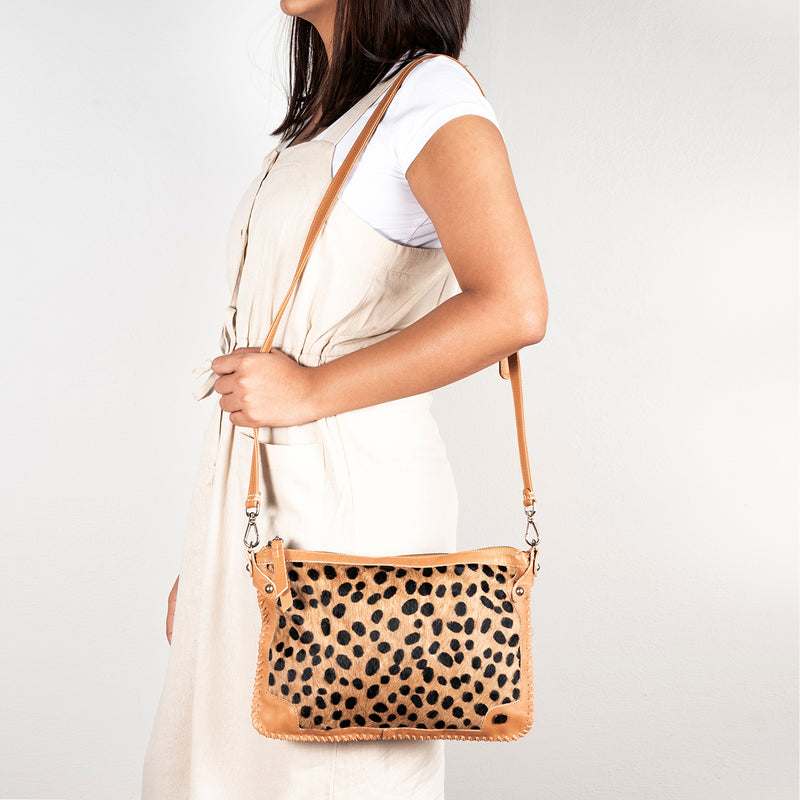 Maduva : Ladies Leather Crossbody Handbag in Spotted Print & Tan
