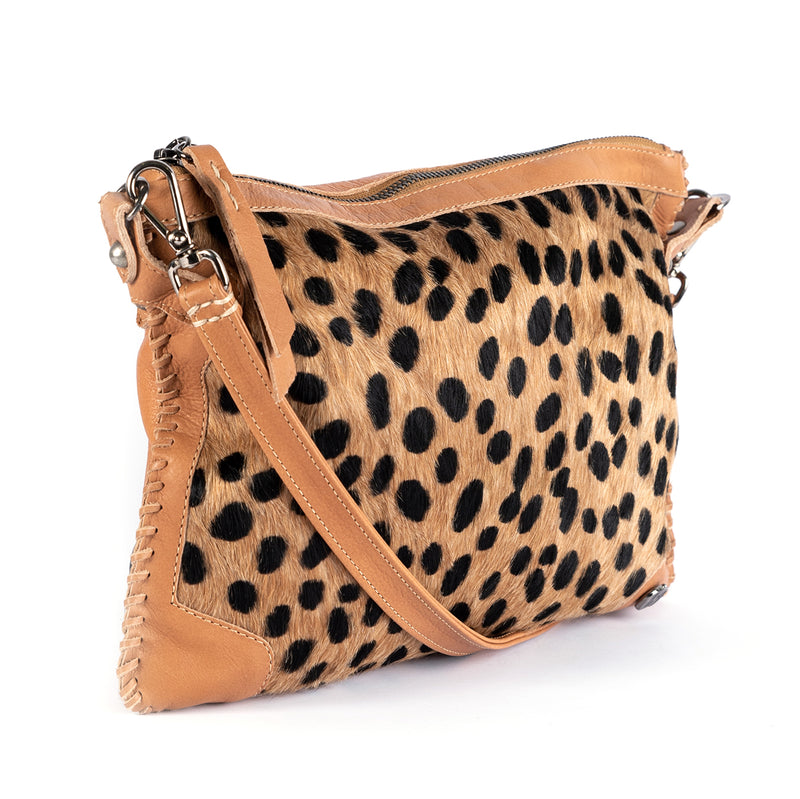 Maduva : Ladies Leather Crossbody Handbag in Spotted Print & Tan
