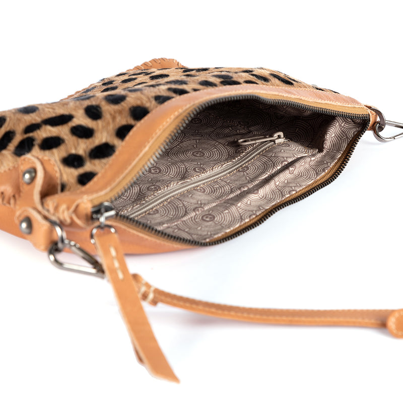 Maduva : Ladies Leather Crossbody Handbag in Spotted Print & Tan