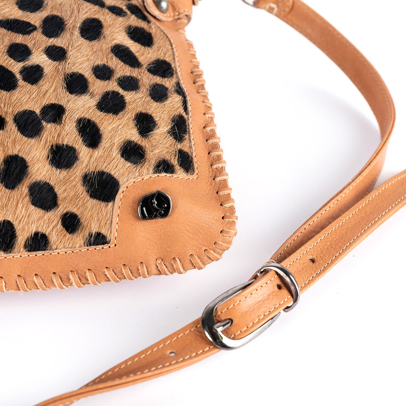 Maduva : Ladies Leather Crossbody Handbag in Spotted Print & Tan