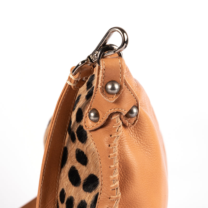 Maduva : Ladies Leather Crossbody Handbag in Spotted Print & Tan