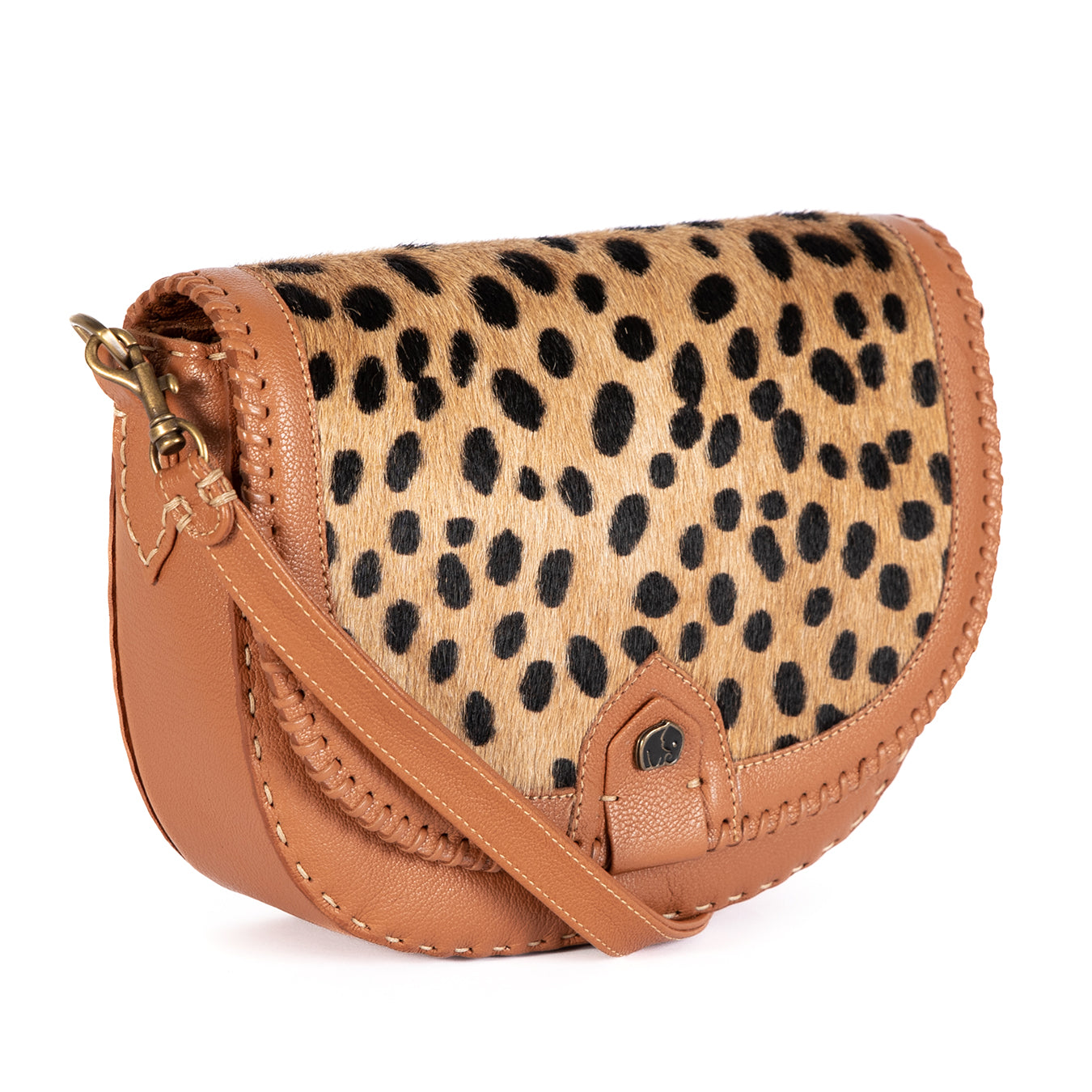 Nadira : Ladies Leather Crossbody Handbag in Oak Cayak & Spotted Print