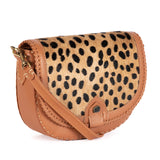 Nadira : Ladies Leather Crossbody Handbag in Oak Cayak & Spotted Print