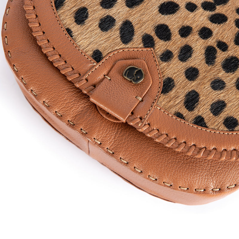 Nadira : Ladies Leather Crossbody Handbag in Oak Cayak & Spotted Print