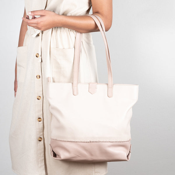 Omari : Ladies Leather Shopper Handbag in Cream and Rose Cayak